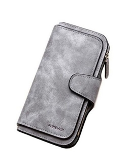 RFID Blocking Large Capacity Bifold PU Leather Phone Card Holder Organizer Snap Wallet with Zipper Pocket for Women