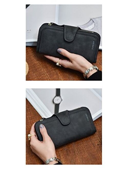 RFID Blocking Large Capacity Bifold PU Leather Phone Card Holder Organizer Snap Wallet with Zipper Pocket for Women