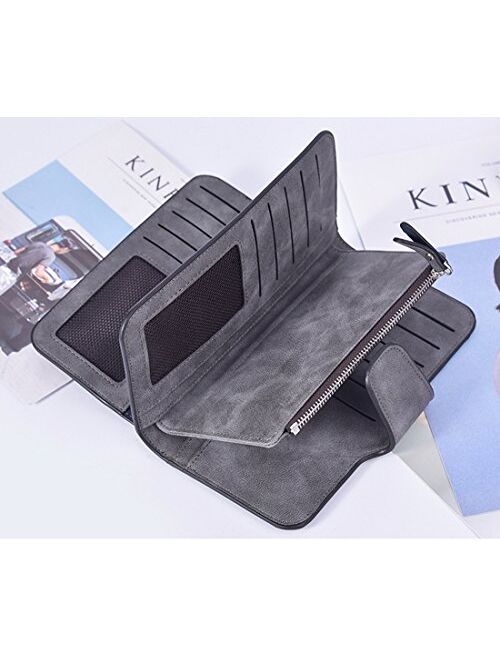 RFID Blocking Large Capacity Bifold PU Leather Phone Card Holder Organizer Snap Wallet with Zipper Pocket for Women