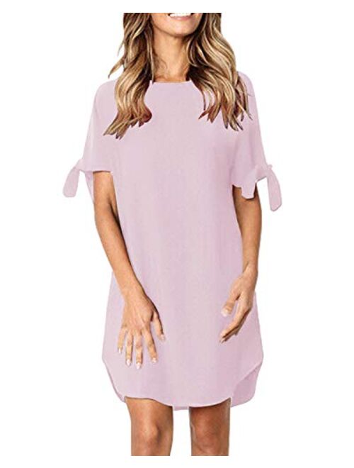 Kidsform Women's Summer Solid/Floral Crew Neck Tunic Sundresses Self-tie Half Sleeves Mini Dress