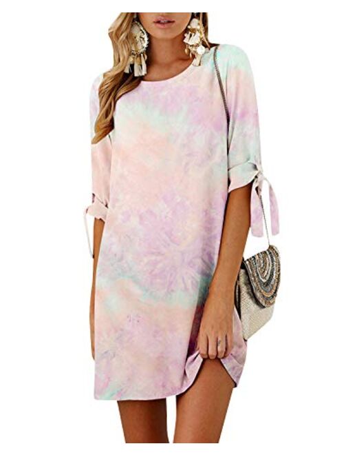 Kidsform Women's Summer Solid/Floral Crew Neck Tunic Sundresses Self-tie Half Sleeves Mini Dress