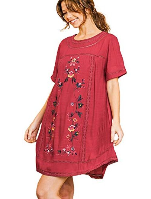 Umgee Women's Bohemian Embroidered Short Sleeve Dress or Tunic