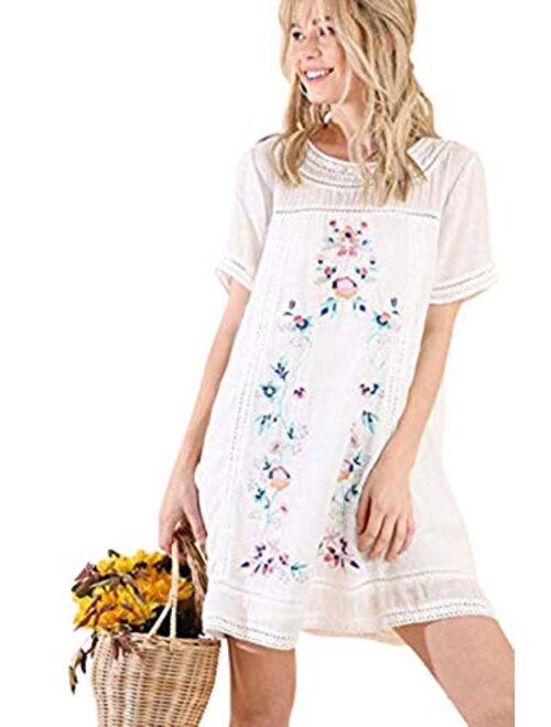 Umgee Women's Bohemian Embroidered Short Sleeve Dress or Tunic