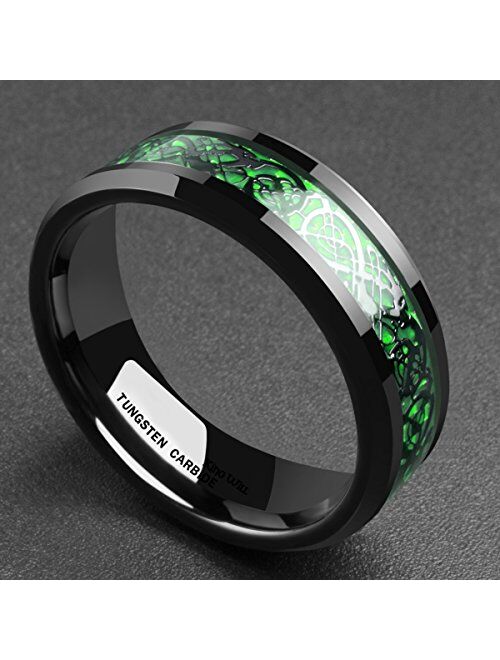 King Will Dragon Men's 5mm/8mm Green Carbon Fiber Black Celtic Dragon Tungsten Carbide Ring