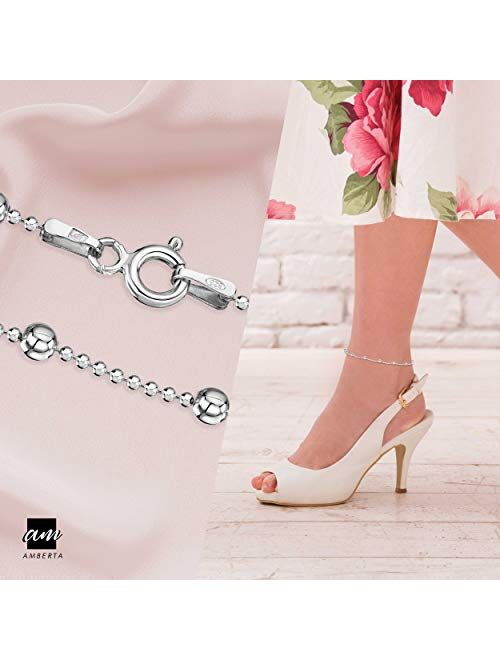 Amberta 925 Sterling Silver Adjustable Anklet - Classic Chain Ankle Bracelets - 9" to 10" inch - Flexible Fit