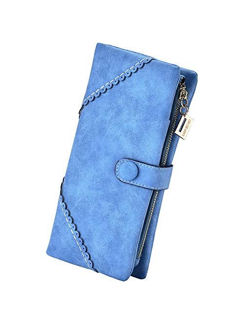 Women Vegan Leather Wallet Bifold Clutch Large Capacity Card Organizer Buckle Long Purse for Girls Candy Color