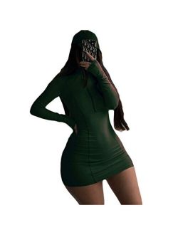 XLLAIS Women Long Sleeve Bodycon Dress with Zipper High Neck Cotton Outfits Fitness Mini Dresses