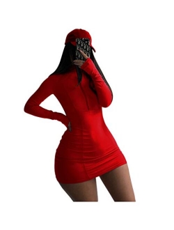 XLLAIS Women Long Sleeve Bodycon Dress with Zipper High Neck Cotton Outfits Fitness Mini Dresses