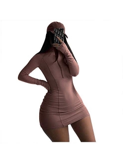 XLLAIS Women Long Sleeve Bodycon Dress with Zipper High Neck Cotton Outfits Fitness Mini Dresses