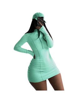 XLLAIS Women Long Sleeve Bodycon Dress with Zipper High Neck Cotton Outfits Fitness Mini Dresses