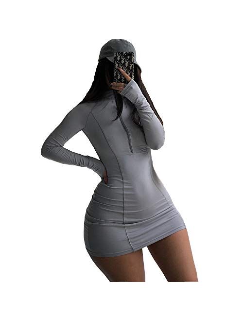 XLLAIS Women Long Sleeve Bodycon Dress with Zipper High Neck Cotton Outfits Fitness Mini Dresses