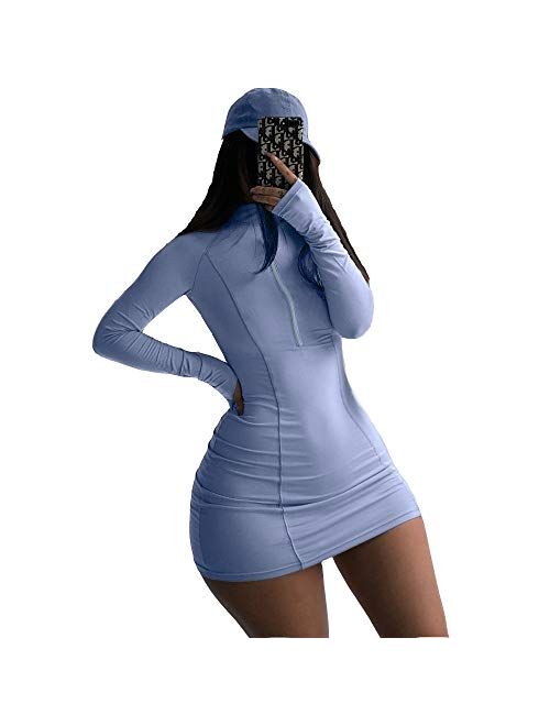 XLLAIS Women Long Sleeve Bodycon Dress with Zipper High Neck Cotton Outfits Fitness Mini Dresses