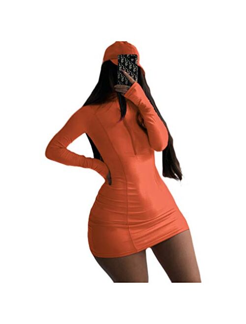 XLLAIS Women Long Sleeve Bodycon Dress with Zipper High Neck Cotton Outfits Fitness Mini Dresses