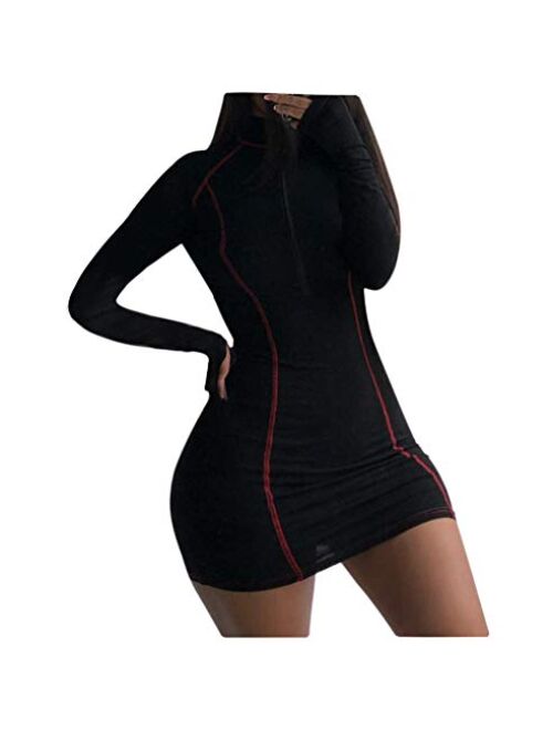 XLLAIS Women Long Sleeve Bodycon Dress with Zipper High Neck Cotton Outfits Fitness Mini Dresses