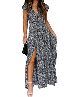 ReachMe Womens Summer Bohemian Floral Maxi Dresses Loose Casual Boho Printed Maxi Dress Beach Party Dress