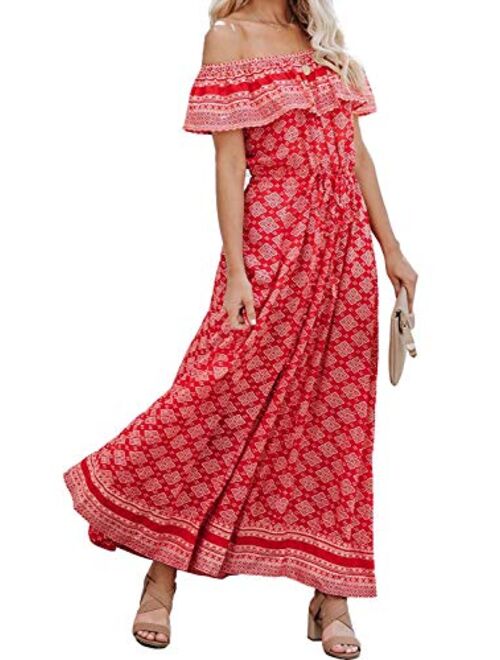 ReachMe Womens Summer Bohemian Floral Maxi Dresses Loose Casual Boho Printed Maxi Dress Beach Party Dress