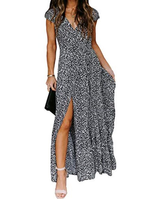 ReachMe Womens Summer Bohemian Floral Maxi Dresses Loose Casual Boho Printed Maxi Dress Beach Party Dress