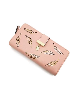 Women's Short Purse Leather Medium Wallet Leaf Bifold Card Coin Holder Small Purses Buckle Zipper Clutch-by Vodiu