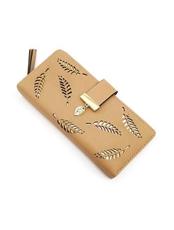 Women's Short Purse Leather Medium Wallet Leaf Bifold Card Coin Holder Small Purses Buckle Zipper Clutch-by Vodiu