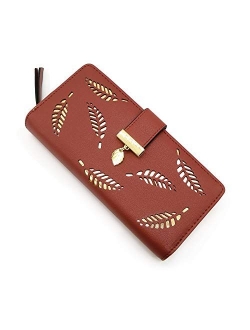 Women's Short Purse Leather Medium Wallet Leaf Bifold Card Coin Holder Small Purses Buckle Zipper Clutch-by Vodiu