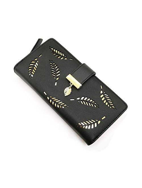 Women's Short Purse Leather Medium Wallet Leaf Bifold Card Coin Holder Small Purses Buckle Zipper Clutch-by Vodiu