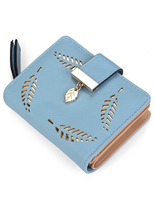 Women's Short Purse Leather Medium Wallet Leaf Bifold Card Coin Holder Small Purses Buckle Zipper Clutch-by Vodiu