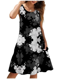 Women Casual T-Shirt Summer Dresses Floral Bohemian Dress Swing Boho Sundress Sleeveless with Pockets