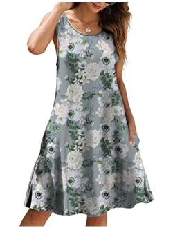 Women Casual T-Shirt Summer Dresses Floral Bohemian Dress Swing Boho Sundress Sleeveless with Pockets