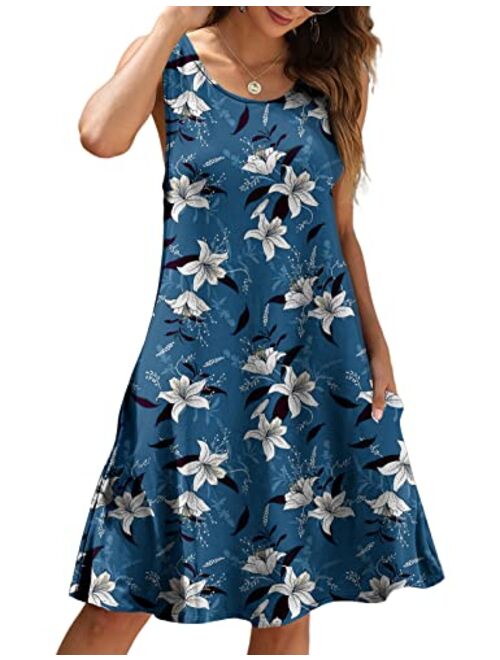 Women Casual T-Shirt Summer Dresses Floral Bohemian Dress Swing Boho Sundress Sleeveless with Pockets