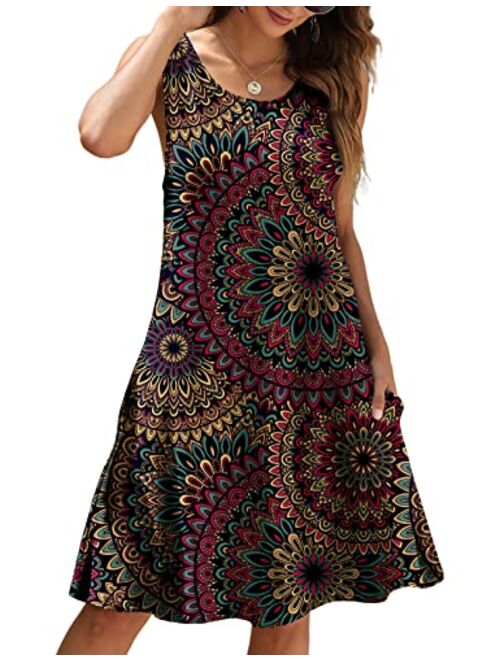 Women Casual T-Shirt Summer Dresses Floral Bohemian Dress Swing Boho Sundress Sleeveless with Pockets