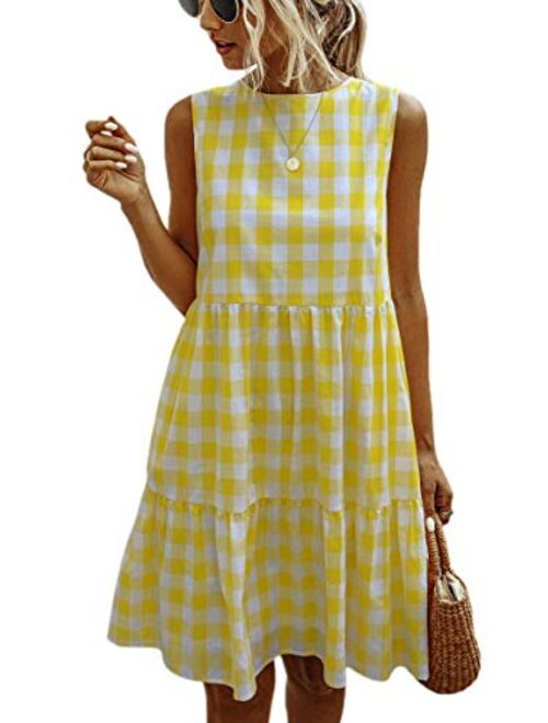 ECOWISH Women Dresses Plaid Sleeveless Summer Casual Sundress A Line Loose Swing T Shirt Mini Dress with Pockets