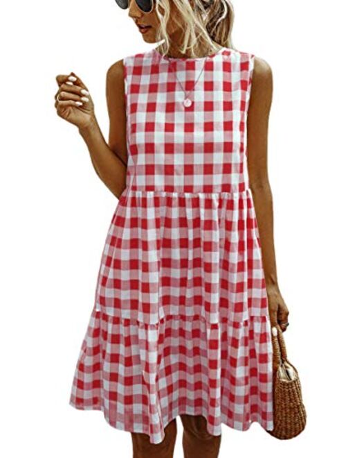 ECOWISH Women Dresses Plaid Sleeveless Summer Casual Sundress A Line Loose Swing T Shirt Mini Dress with Pockets