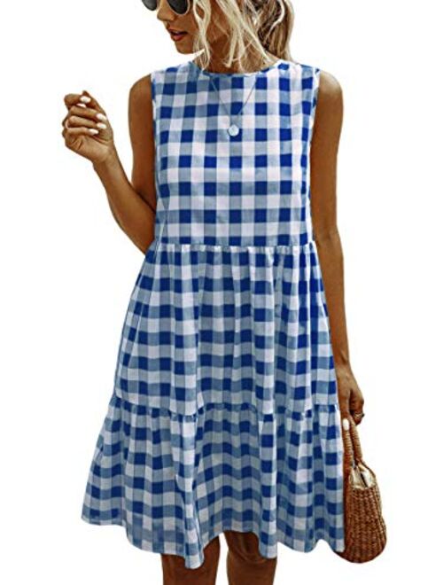 ECOWISH Women Dresses Plaid Sleeveless Summer Casual Sundress A Line Loose Swing T Shirt Mini Dress with Pockets