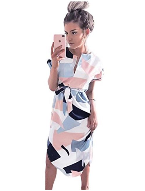 LitBud Womens Midi Dresses Summer V-Neck Short Sleeve Casual Office Geometric Belted Dress