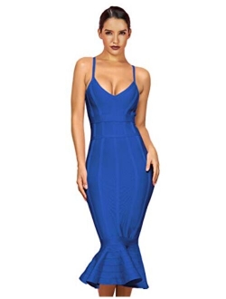 MaketinaWomen'sMermaidSpaghettiStrapVNeckBodyconMidiCocktailBandageDress