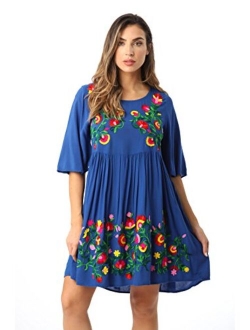 Riviera Sun Rayon Crepe Short Dress with Multicolored Embroidery