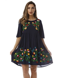 Riviera Sun Rayon Crepe Short Dress with Multicolored Embroidery