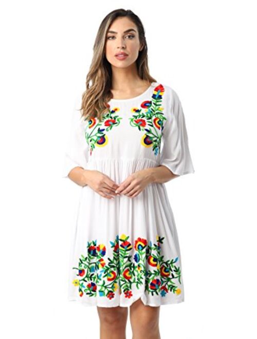 Riviera Sun Rayon Crepe Short Dress with Multicolored Embroidery