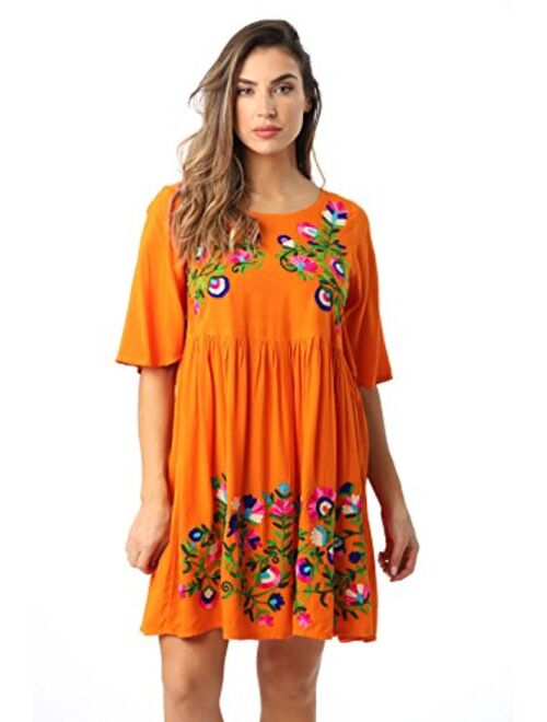 Riviera Sun Rayon Crepe Short Dress with Multicolored Embroidery