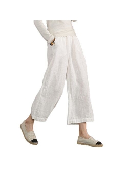 Ecupper Womens Casual Loose Elastic Waist Cotton Trouser Cropped Wide Leg Pants