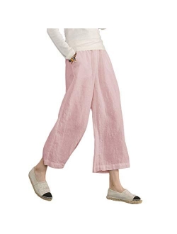 Ecupper Womens Casual Loose Elastic Waist Cotton Trouser Cropped Wide Leg Pants