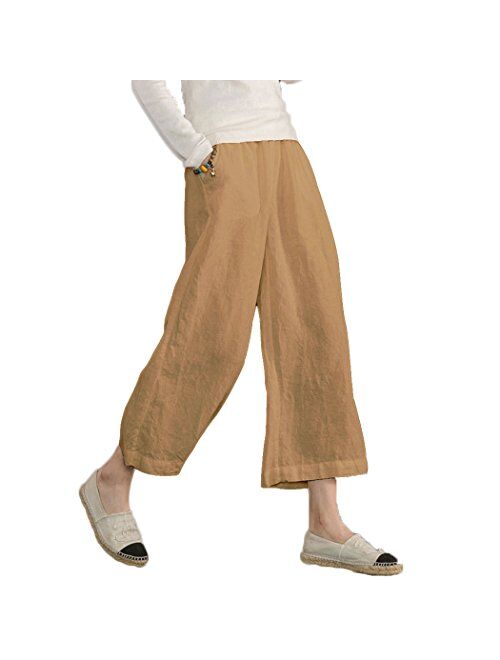 Ecupper Womens Casual Loose Elastic Waist Cotton Trouser Cropped Wide Leg Pants