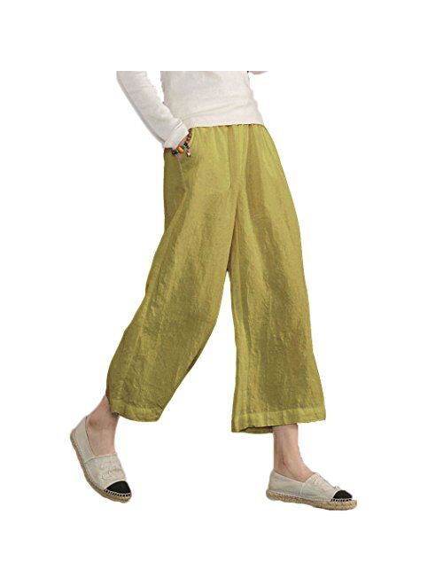 Ecupper Womens Casual Loose Elastic Waist Cotton Trouser Cropped Wide Leg Pants