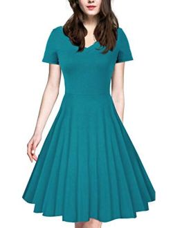 iLover Women 1950s V-Neck Vintage Rockabilly Swing Cocktail Evening Stretchy Casual Work Businees Dress with Pockets