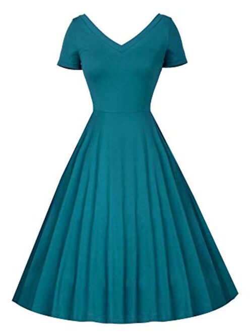 iLover Women 1950s V-Neck Vintage Rockabilly Swing Cocktail Evening Stretchy Casual Work Businees Dress with Pockets