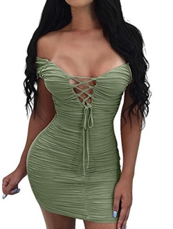 TOB Women's Sexy Bodycon Ruched Off Shoulder Lace Up Club Mini Dress