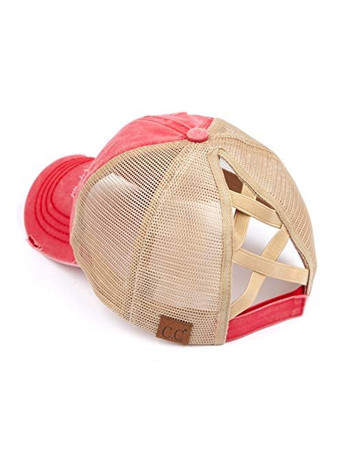 Funky Junque Criss Cross Hat Womens Baseball Cap Distressed Ponytail Messy Bun Trucker Ponycap