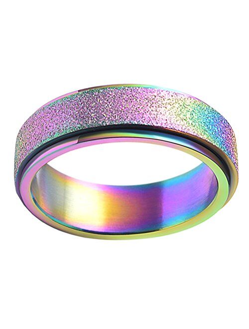 PAURO Women's & Men's Stainless Steel 6 Colors Sandblast Finish Lucky Worry Ring Band 6MM/8MM