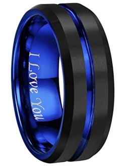 CROWNAL 4mm 6mm 8mm 10mm Blue/Rose Gold Groove Black Matte Finish Tungsten Carbide Wedding Band Ring Engraved I Love You Size 4 to 17