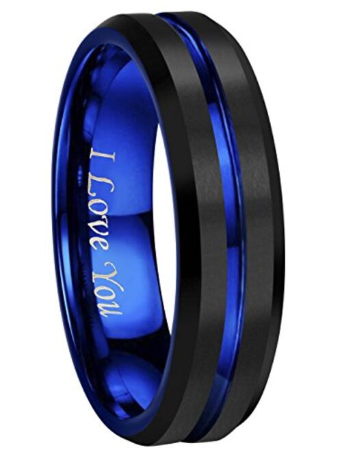 CROWNAL 4mm 6mm 8mm 10mm Blue/Rose Gold Groove Black Matte Finish Tungsten Carbide Wedding Band Ring Engraved I Love You Size 4 to 17